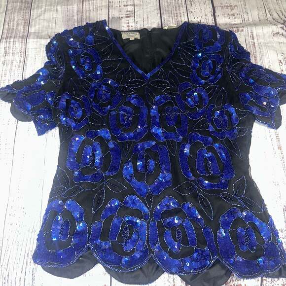 Stenay Tops - Stenay Vintage 100% Silk Blue Sequin Beaded Floral Rose Top Y2k Glam-L